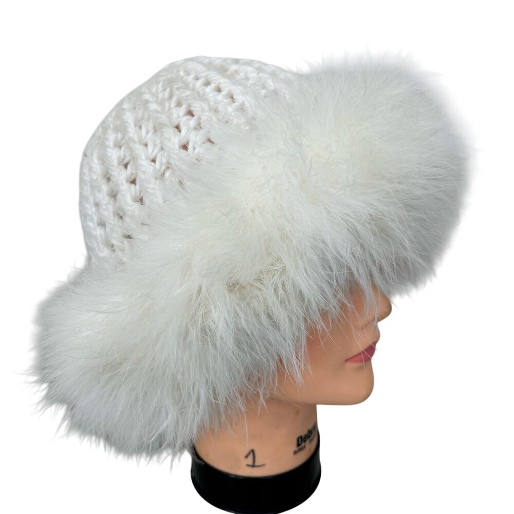 Vintage Chunky Knit Beanie Hat Feather Trim Y2K Winter Snow Bunny ski white - Picture 1 of 16